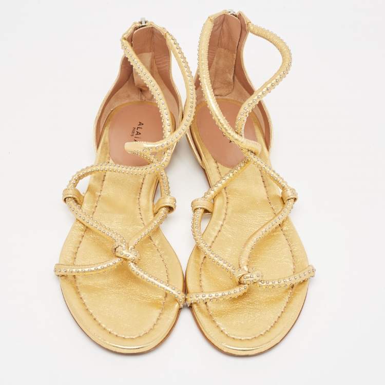Pre Owned Alaia Gold Studded Leather Strappy Flat Sandals Size 38.5