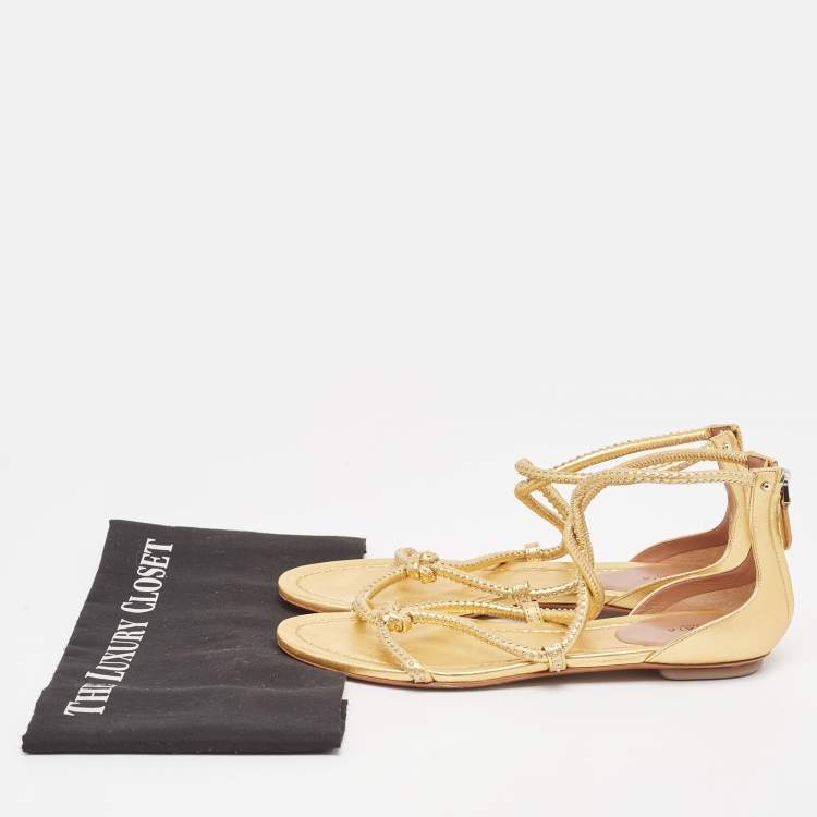 Pre Owned Alaia Gold Studded Leather Strappy Flat Sandals Size 38.5