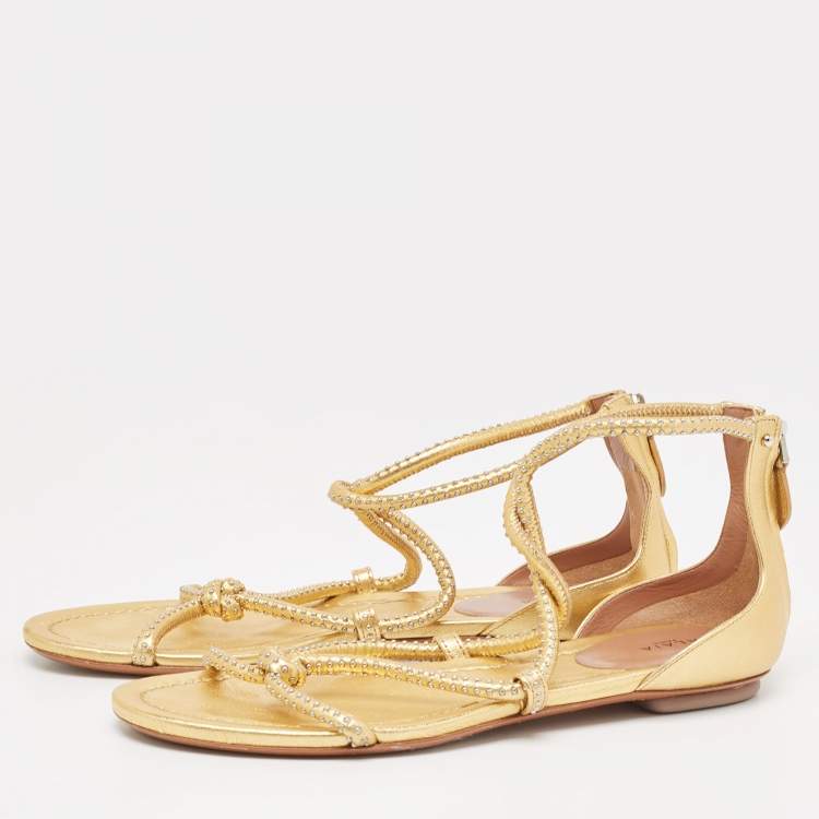 Pre Owned Alaia Gold Studded Leather Strappy Flat Sandals Size 38.5