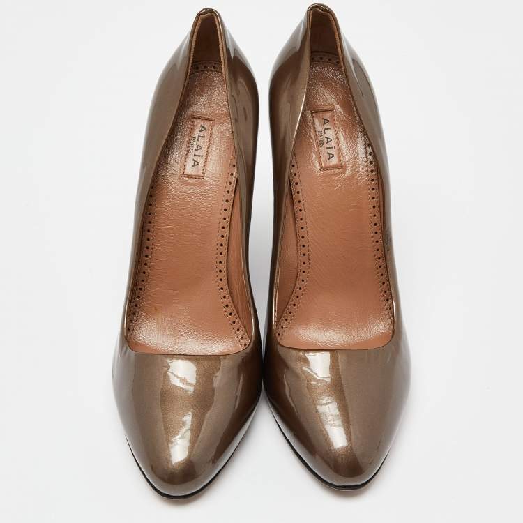 Pre Owned Alaia Brown Patent Leather Wedge Pumps Size 38.5
