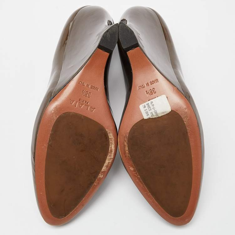 Pre Owned Alaia Brown Patent Leather Wedge Pumps Size 38.5