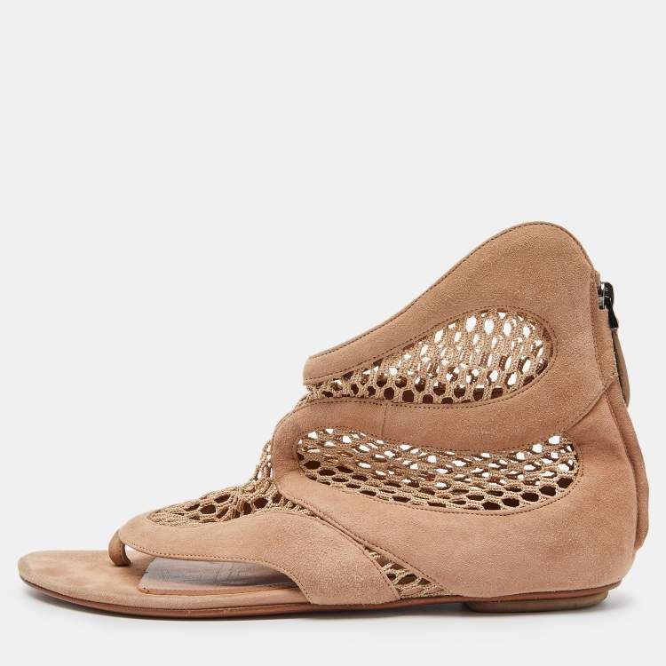 Pre Owned Alaia Beige Suede and Mesh Zip Thong Flat Sandals Size 38