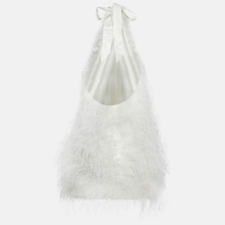 Pre Owned Alamour White Satin Feather Halter Neck Clematis Mini Dress M