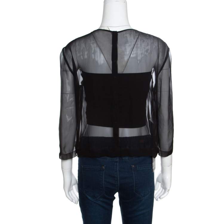 Pre Owned Alberta Ferretti Black Sheer Silk Lace Panel Detail Pleat Front Blouse M