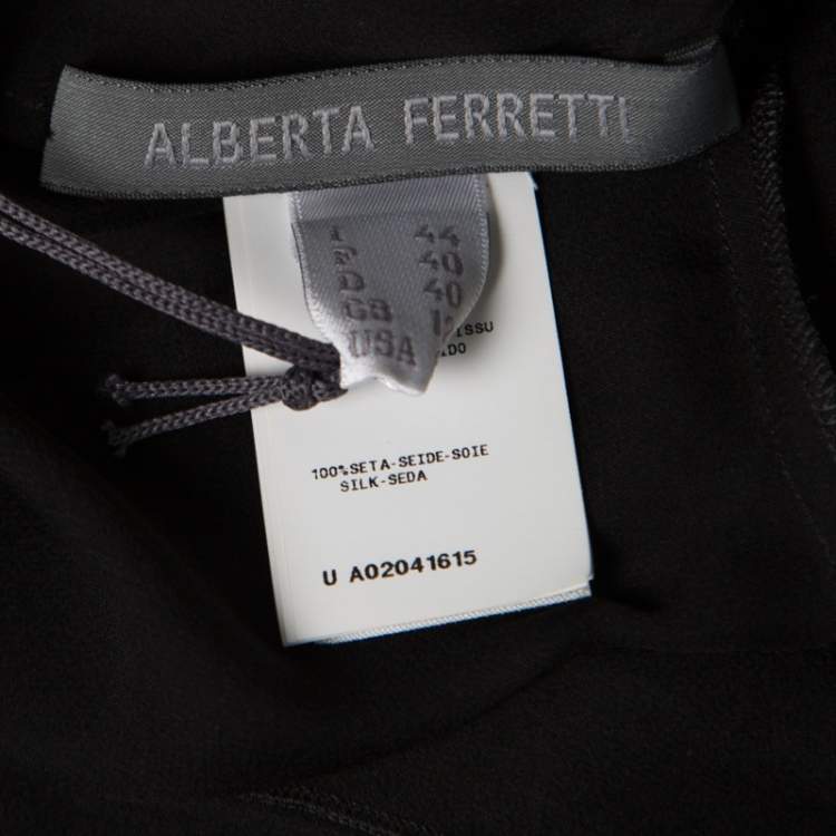 Pre Owned Alberta Ferretti Black Sheer Silk Lace Panel Detail Pleat Front Blouse M