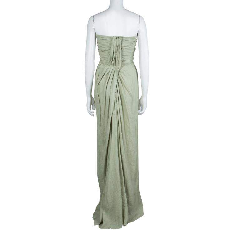 Pre Owned Alberta Ferretti Pistachio Green Linen Ruched Strapless Maxi Dress M