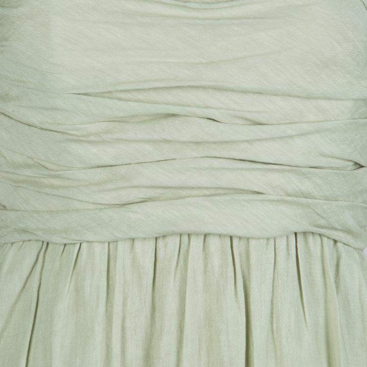 Pre Owned Alberta Ferretti Pistachio Green Linen Ruched Strapless Maxi Dress M