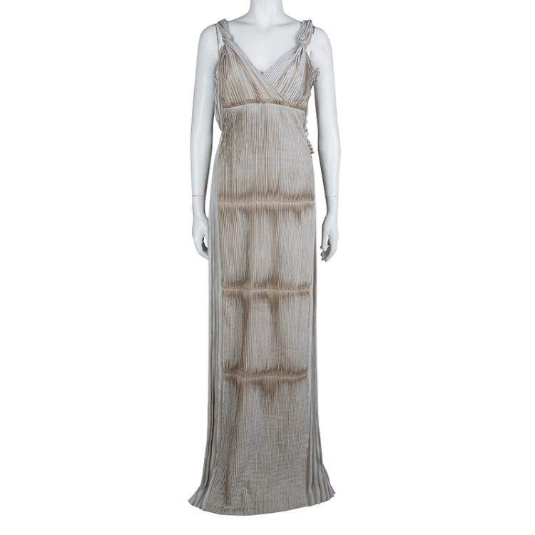 Pre Owned Alberta Ferretti Beige Silk Pleated Pintuck Detail Sleeveless Gown M