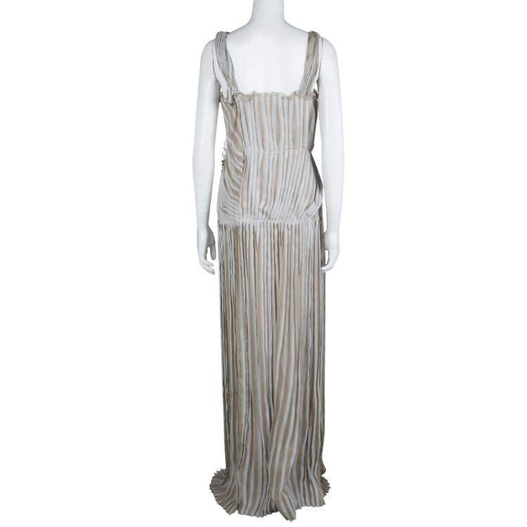 Pre Owned Alberta Ferretti Beige Silk Pleated Pintuck Detail Sleeveless Gown M