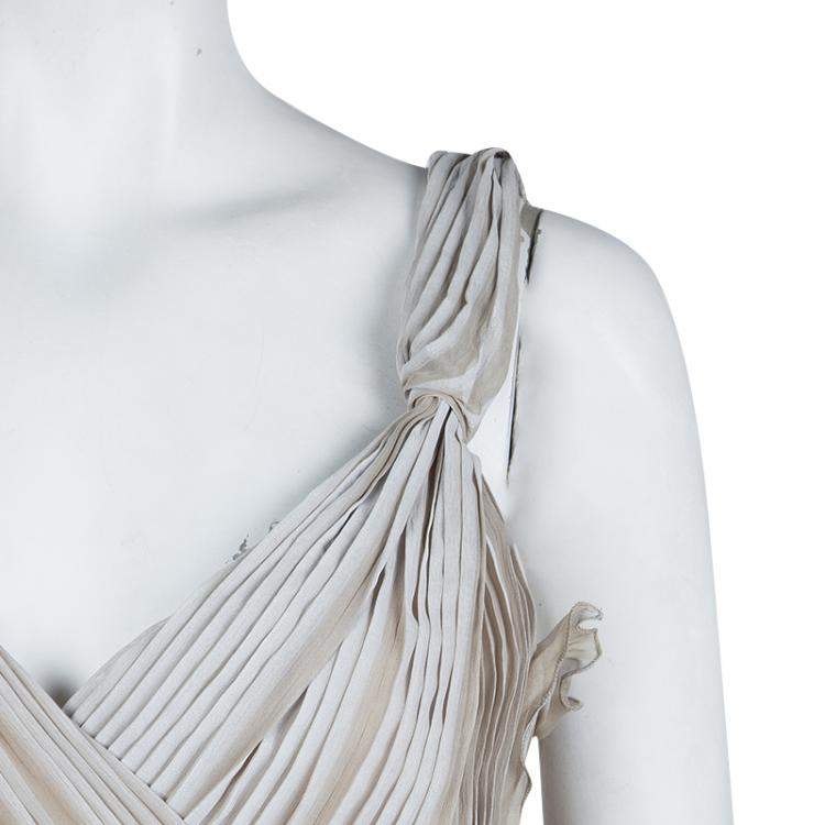 Pre Owned Alberta Ferretti Beige Silk Pleated Pintuck Detail Sleeveless Gown M
