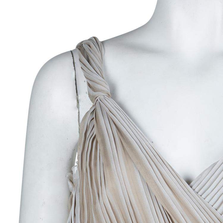 Pre Owned Alberta Ferretti Beige Silk Pleated Pintuck Detail Sleeveless Gown M