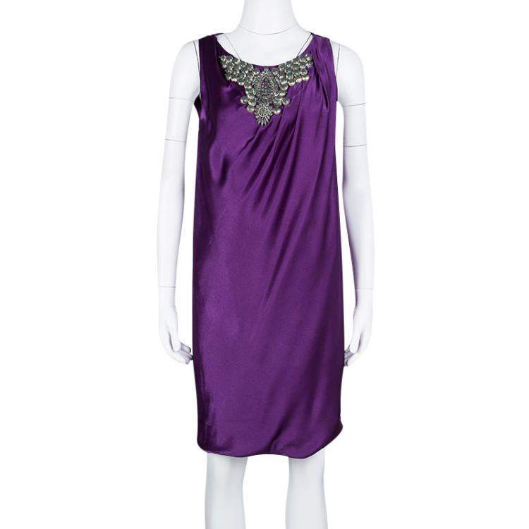 Pre Owned Alberta Ferretti Purple Silk Embellished Sleeveless Dress M