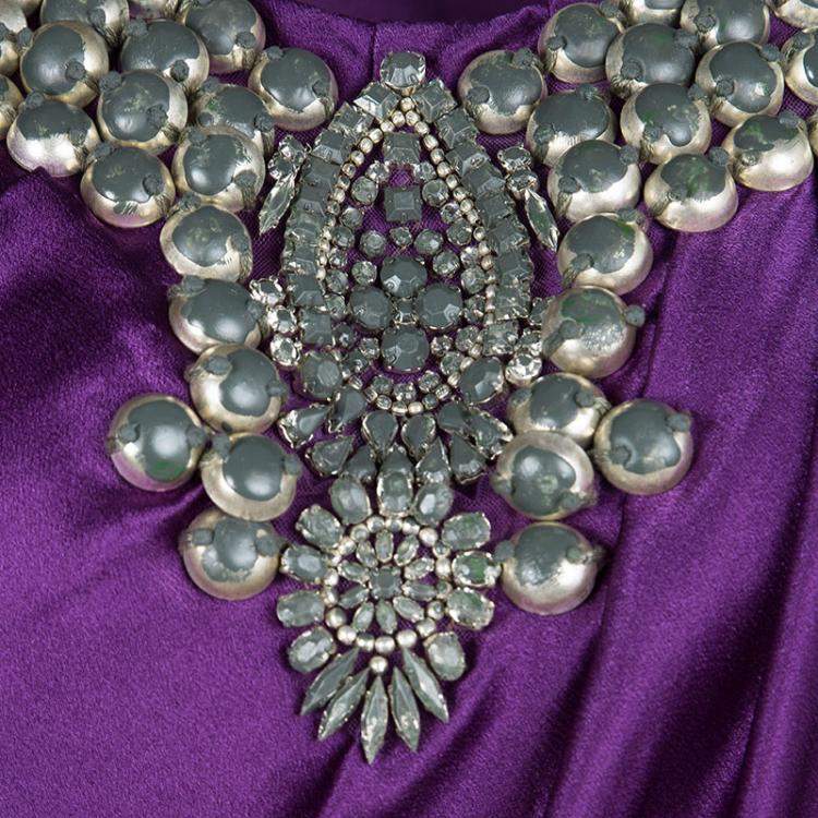 Pre Owned Alberta Ferretti Purple Silk Embellished Sleeveless Dress M