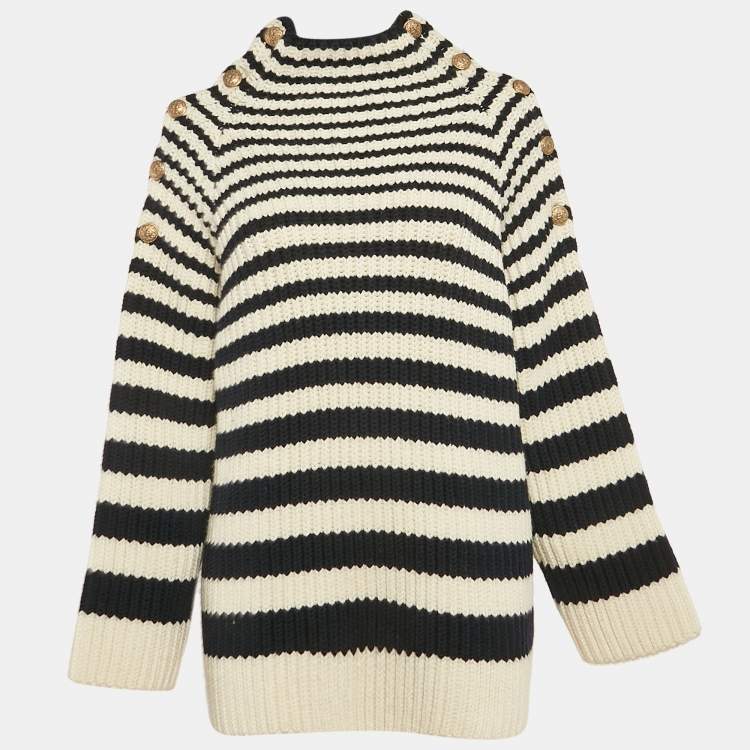 Pre Owned Alberta Ferretti Blue/White Rib Knit Buttoned Cold-Shoulder Sweater M