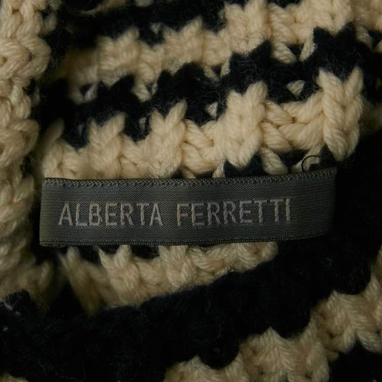 Pre Owned Alberta Ferretti Blue/White Rib Knit Buttoned Cold-Shoulder Sweater M