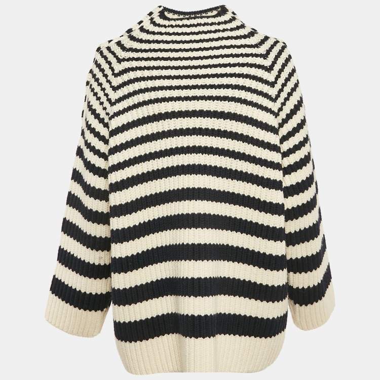 Pre Owned Alberta Ferretti Blue/White Rib Knit Buttoned Cold-Shoulder Sweater M