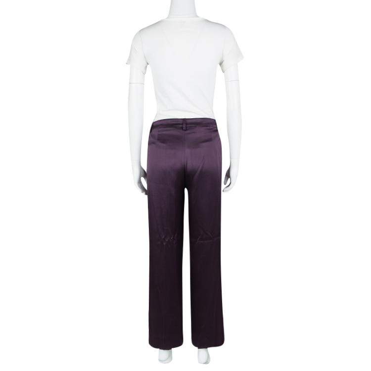 Pre Owned Alberta Ferretti Purple Silk Satin Wide Leg Trousers M 