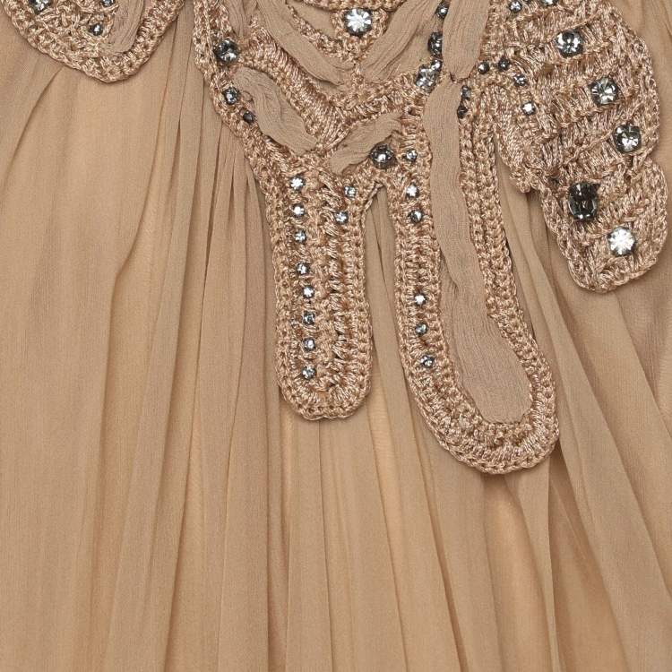 Pre Owned Alberta Ferreti Beige Chiffon Braided Crystal Embellishment Halter Neck Top M
