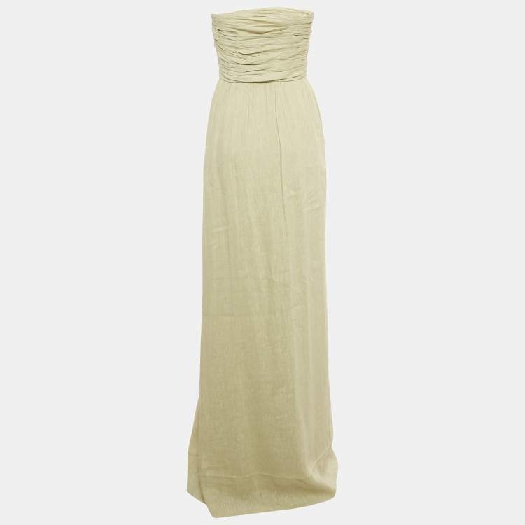 Pre Owned Alberta Ferretti Light Green Linen Gathered Strapless Maxi Dress M