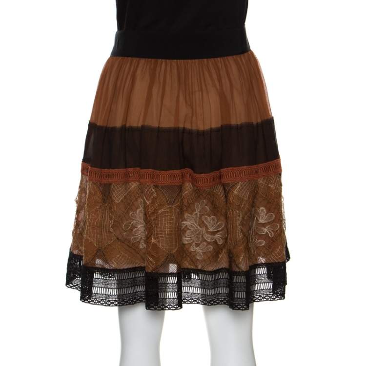 Pre Owned Alberta Ferretti Brown Silk Colorblock Lace Panel Detail Gathered Skirt L