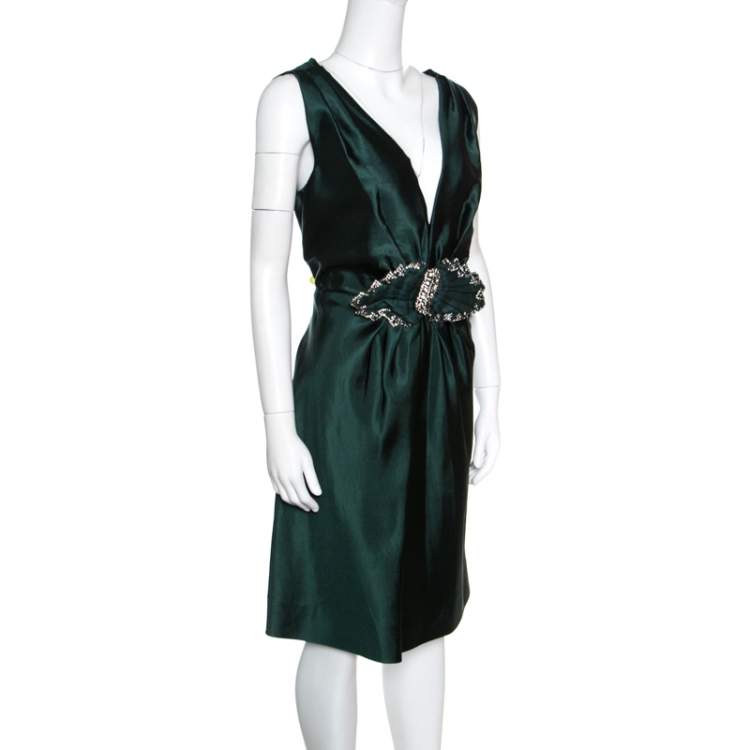 Pre Owned Alberta Ferretti Green Crystal Embellished Waist Detail Sleeveless Dress M