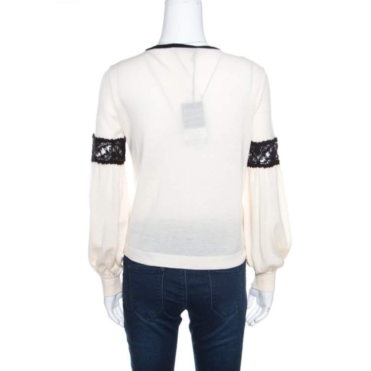 Pre Owned Alberta Ferretti Cream Wool Contrast Cutout Lace Insert Long Sleeve Sweater M