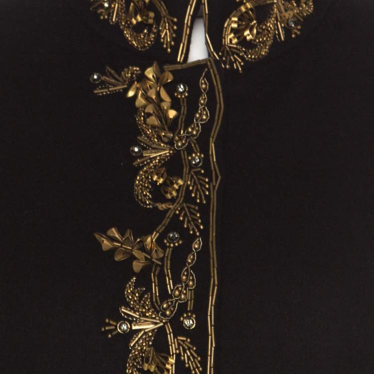 Pre Owned Alberta Ferretti Black and Gold Embellished Felted Wool Stand Collar Overcoat M