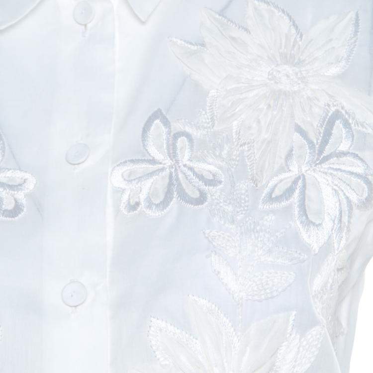 Pre Owned Alberta Ferretti Off White Floral Embroidered Sheer Cotton Sleeveless Crop Shirt S