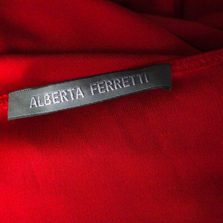 Pre Owned Alberta Ferretti Red Silk Jersey Asymmetric Batwing Sleeve Dress M 