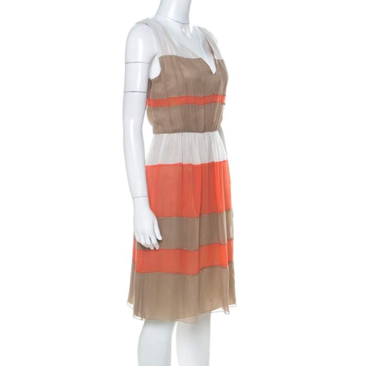 Pre Owned Alberta Ferretti Colorblock Striped Silk Pleated Sleeveless Dress M