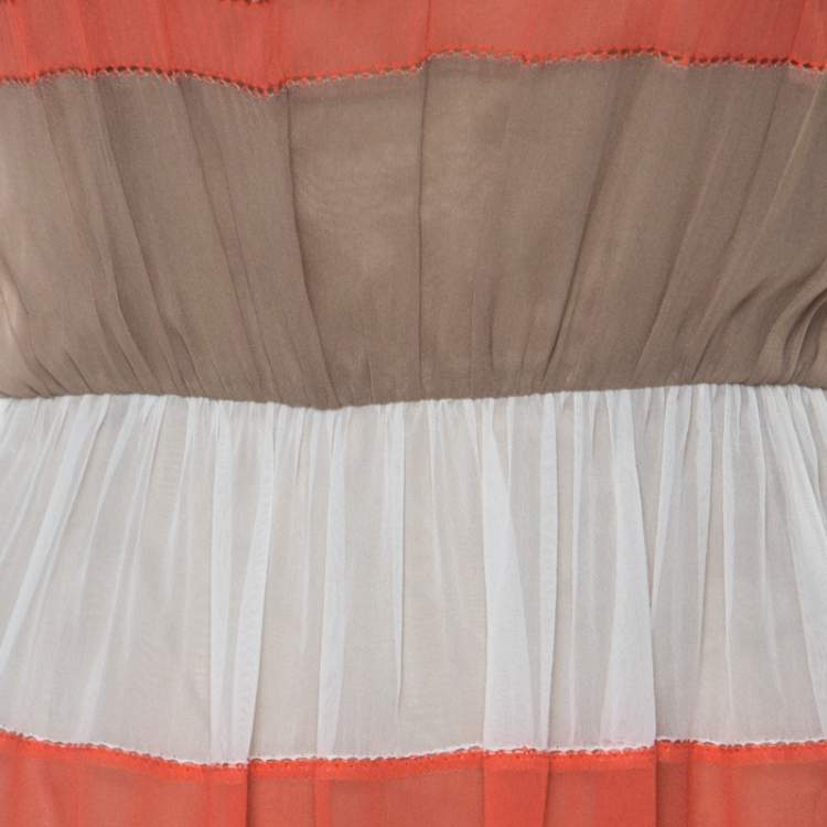 Pre Owned Alberta Ferretti Colorblock Striped Silk Pleated Sleeveless Dress M