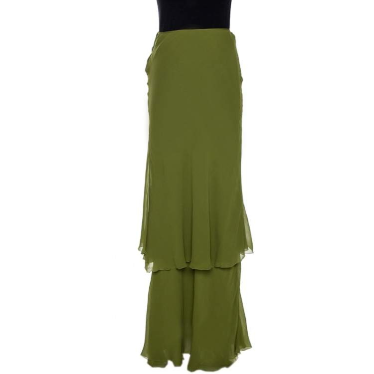 Pre Owned Alberta Ferretti Green Silk Crepe Tiered Skirt M