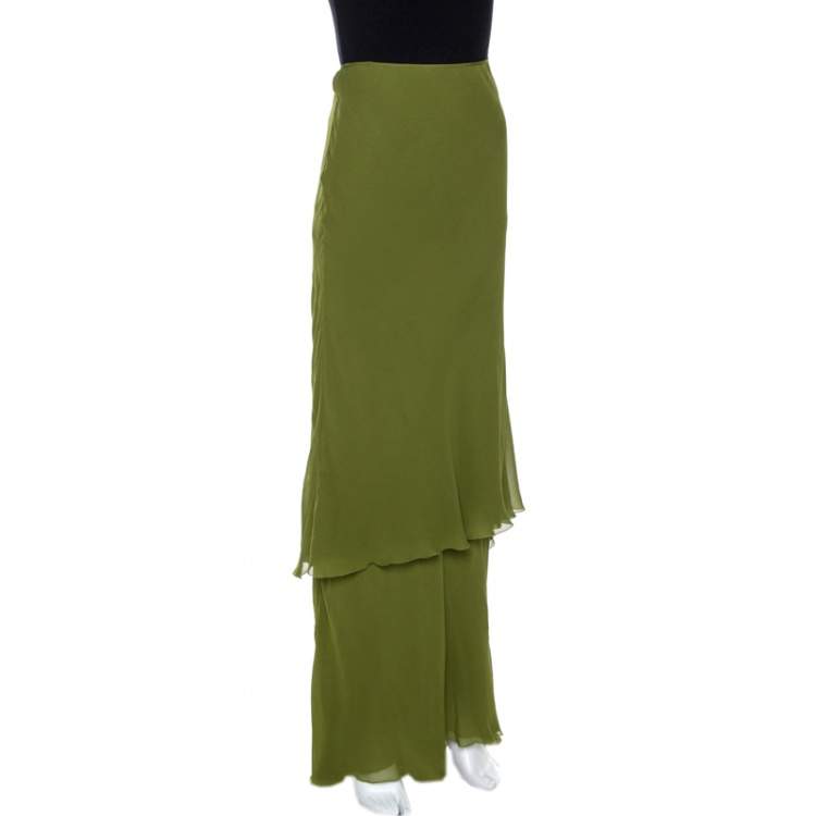 Pre Owned Alberta Ferretti Green Silk Crepe Tiered Skirt M