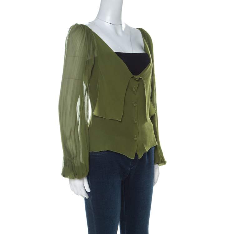 Pre Owned Alberta Ferretti Olive Green Silk Pleated Sleeve Detail Button Front Blouse M 