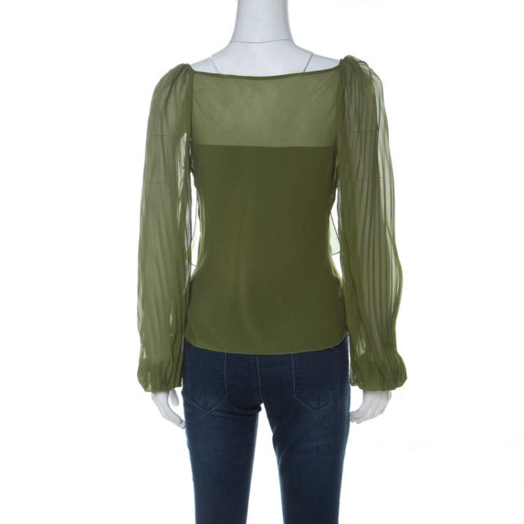 Pre Owned Alberta Ferretti Olive Green Silk Pleated Sleeve Detail Button Front Blouse M 
