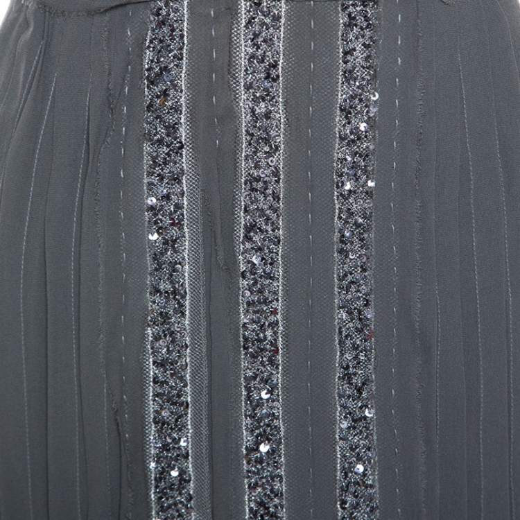Pre Owned Alberta Ferretti Grey Silk Sequin Embellished Pleated Midi Skirt S