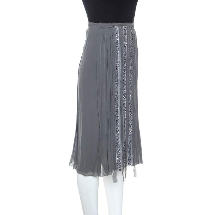 Pre Owned Alberta Ferretti Grey Silk Sequin Embellished Pleated Midi Skirt S
