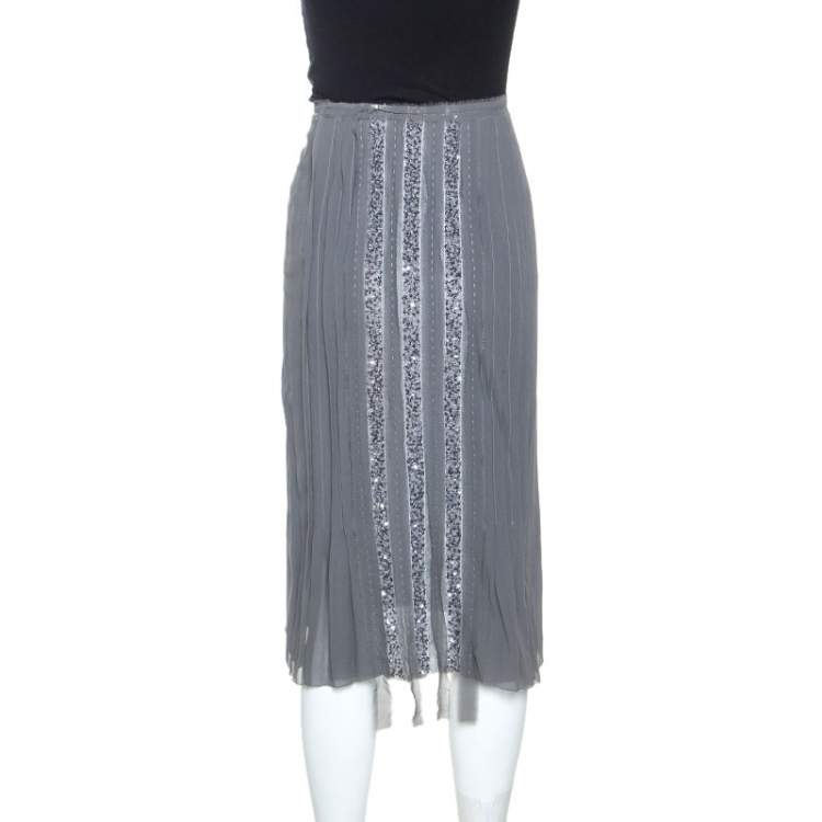 Pre Owned Alberta Ferretti Grey Silk Sequin Embellished Pleated Midi Skirt S