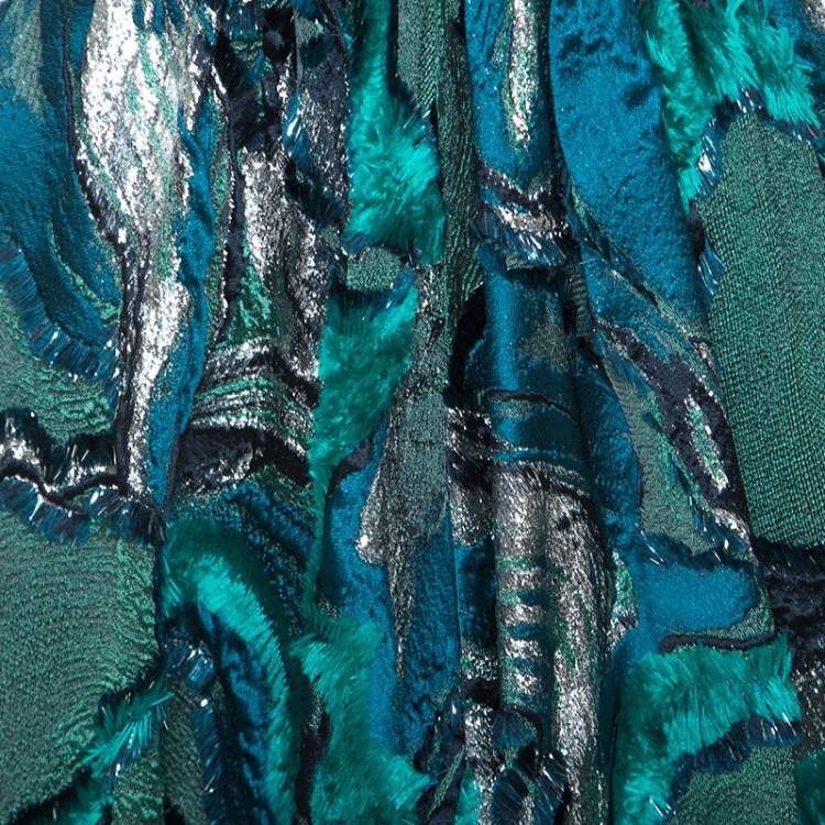 Pre Owned Alberta Ferretti Green Lurex Jacquard Fringed Detail Gown M