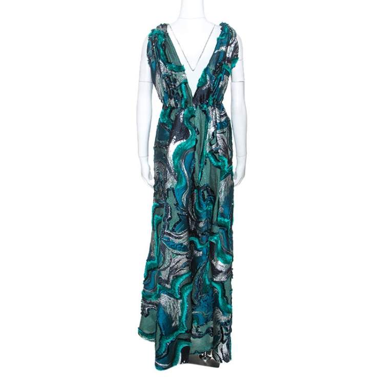 Pre Owned Alberta Ferretti Green Lurex Jacquard Fringed Detail Gown M