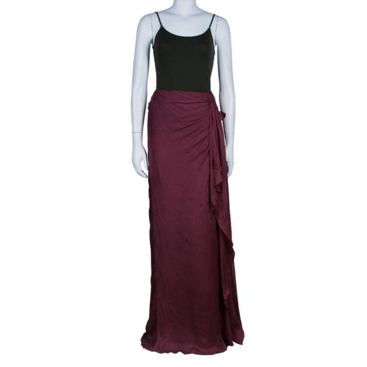 Pre Owned Alberta Ferretti Burgundy Silk Maxi Skirt M