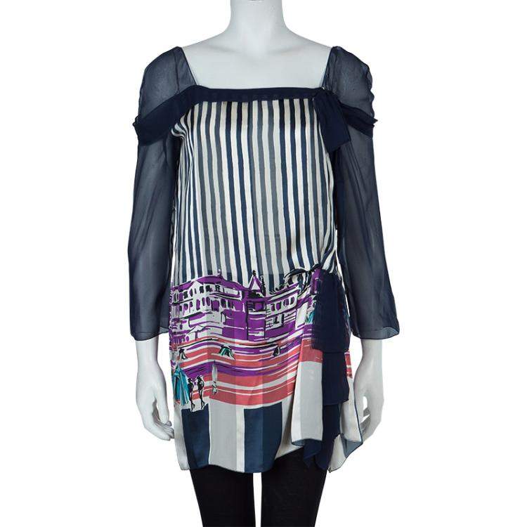 Pre Owned Alberta Ferretti Multicolor Print Sheer Sleeve Silk Blouse M