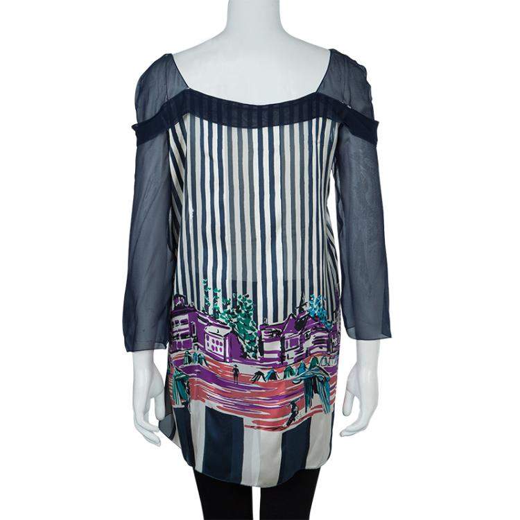 Pre Owned Alberta Ferretti Multicolor Print Sheer Sleeve Silk Blouse M