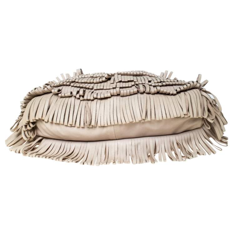 Pre Owned Alberta Ferretti Beige Leather Fringed Wristlet Clutch