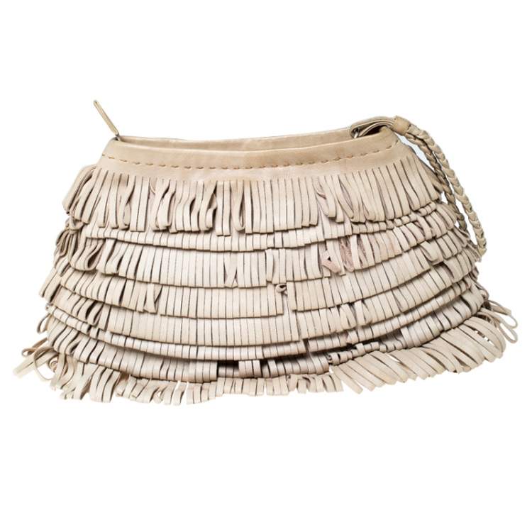 Pre Owned Alberta Ferretti Beige Leather Fringed Wristlet Clutch