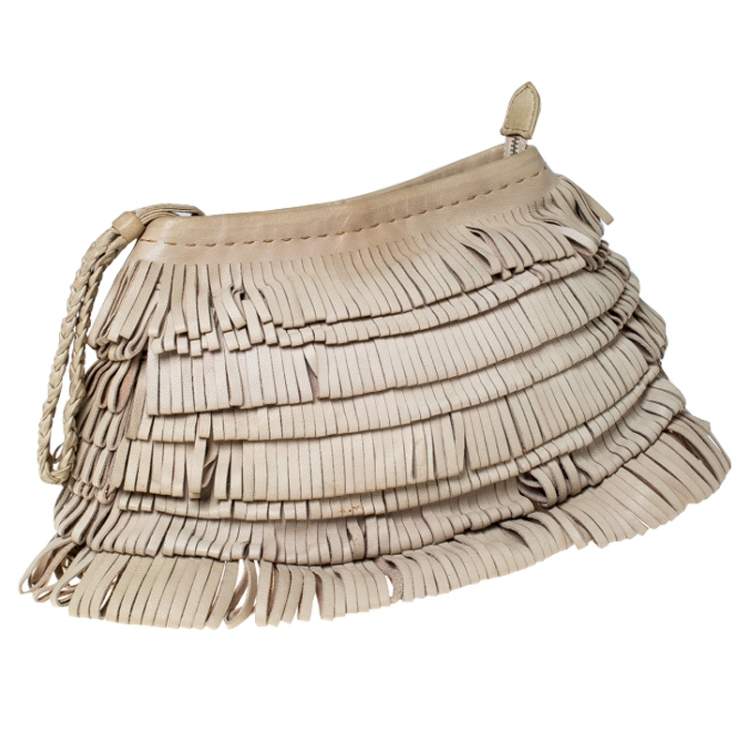 Pre Owned Alberta Ferretti Beige Leather Fringed Wristlet Clutch