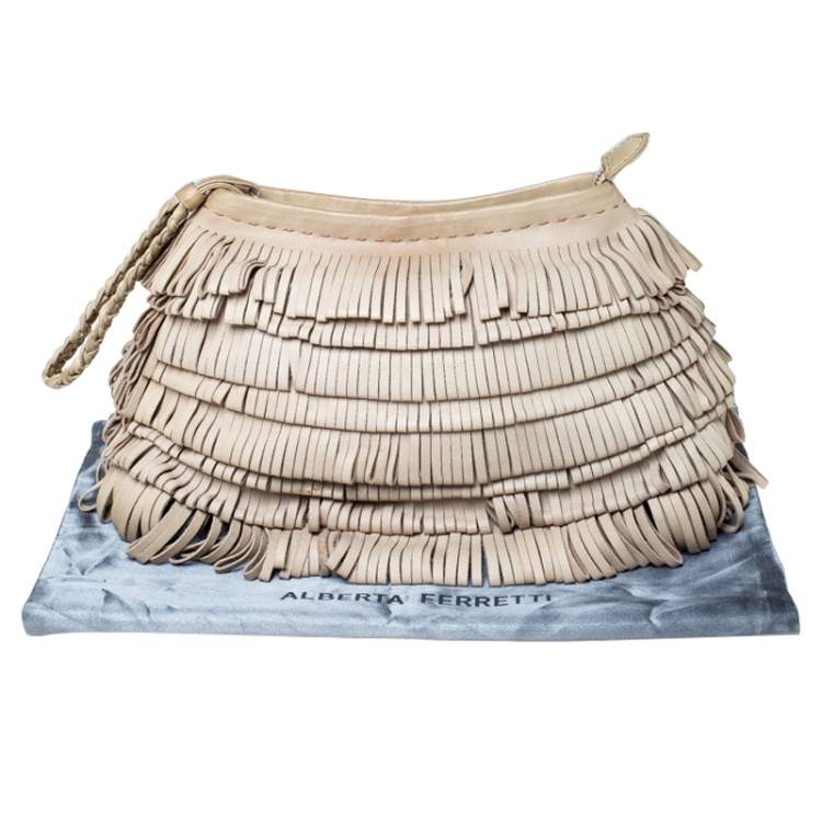 Pre Owned Alberta Ferretti Beige Leather Fringed Wristlet Clutch