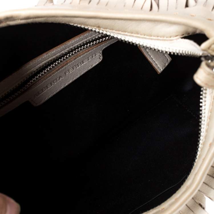 Pre Owned Alberta Ferretti Beige Leather Fringed Wristlet Clutch