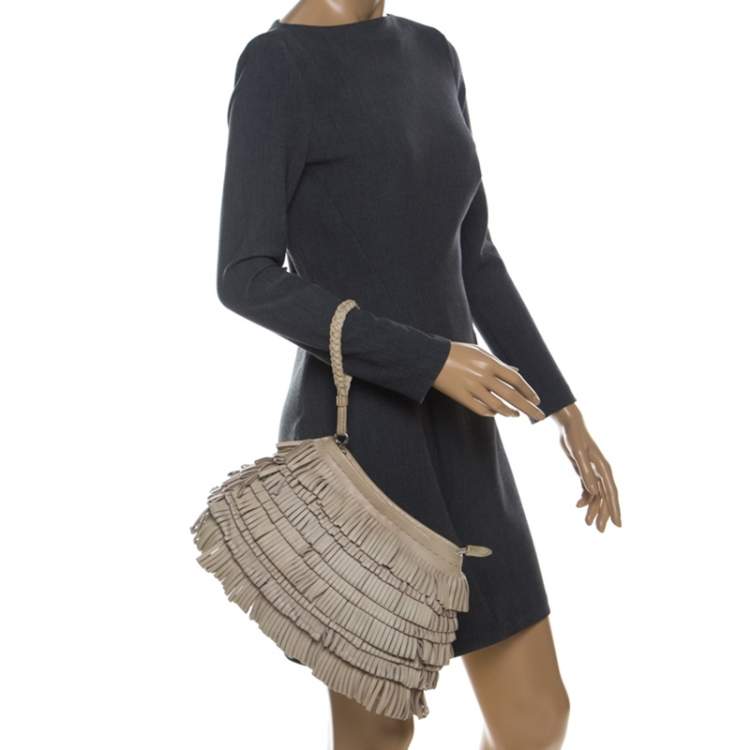 Pre Owned Alberta Ferretti Beige Leather Fringed Wristlet Clutch