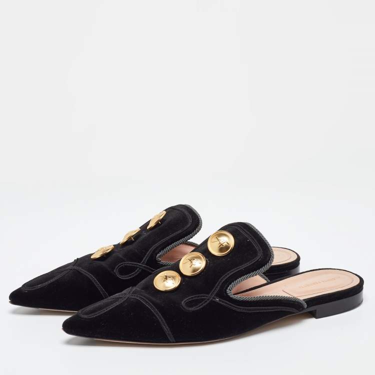Pre Owned Alberto Fermani Black Velvet Buttons Embellished Flat Mules Size 38